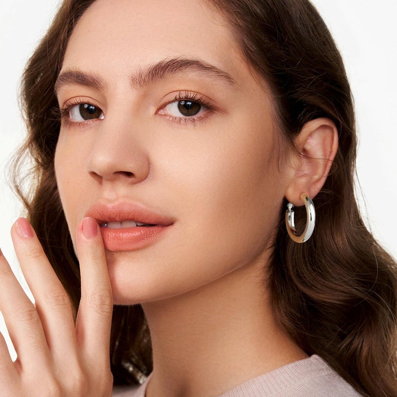 SHOWNII Chunky Silver Hoop Earrings - 14K Gold Plated Earrings for Women Hollow Tube Thick Hoops Graduation Gifts for Her - Image 2
